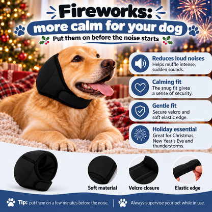 Calm golden retriever wearing Calmora ear muffs during fireworks
