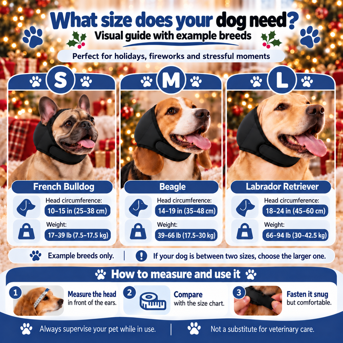 Calmora dog ear muffs size guide: S, M and L in inches and pounds