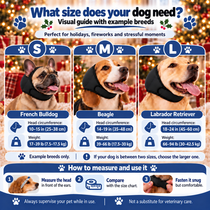 Calmora dog ear muffs size guide: S, M and L in inches and pounds